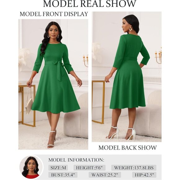 Women's Green 3/4 Sleeve Vintage Flattering A-line Vintage Cocktail Dresses - Picture 3 of 5